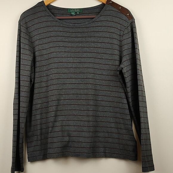 Lauren Ralph Lauren Cotton Crew Neck Long Sleeve Striped Top Size XL - Picture 1 of 9